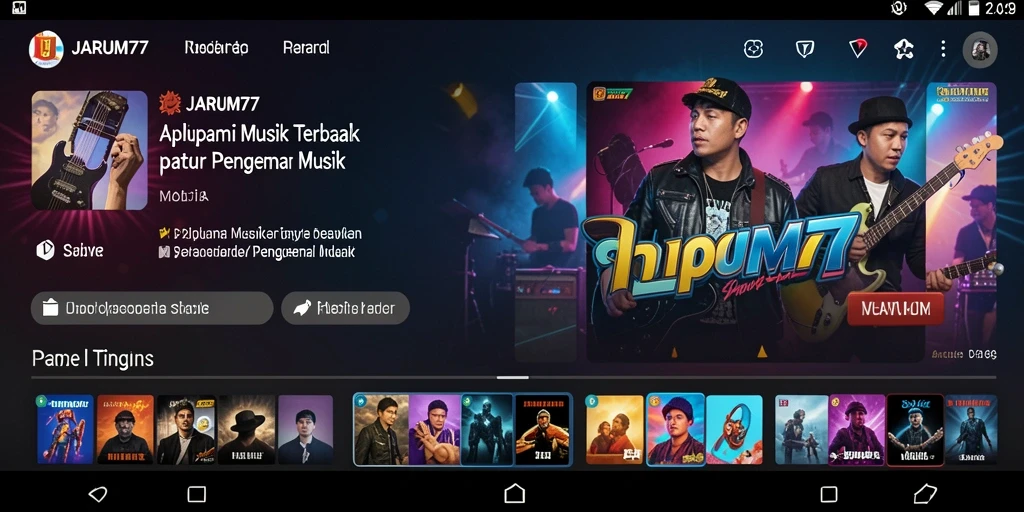 Menampilkan gameplay interaktif JARUM77 dengan berbagai fitur musik.